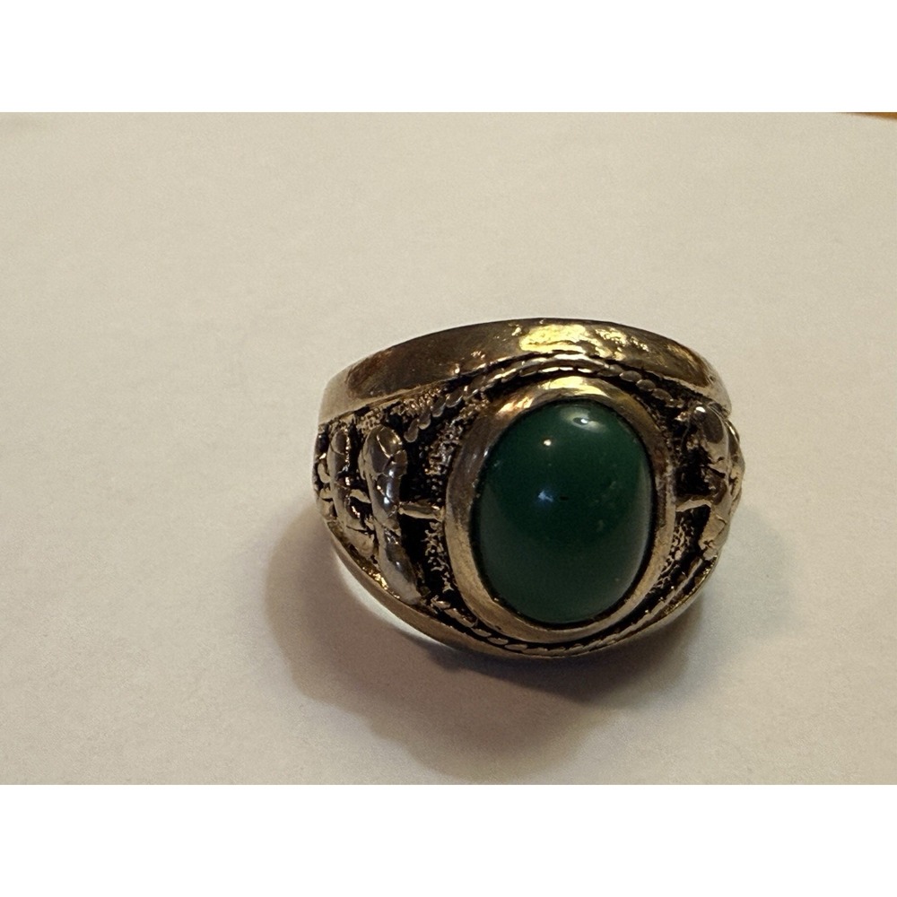 Vintage Snake Ring Green Cabochon Stone Silver Tone Signet Statement Size 10.5 - Picture 9 of 9